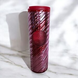 Starbucks Red Metallic Swirl Tumbler Cold Cup Holiday Collection 16oz Travel Mug